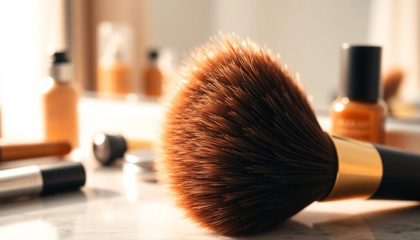 Apply makeup effortlessly with a dense makeup brush showcasing its soft bristles and elegant design.
