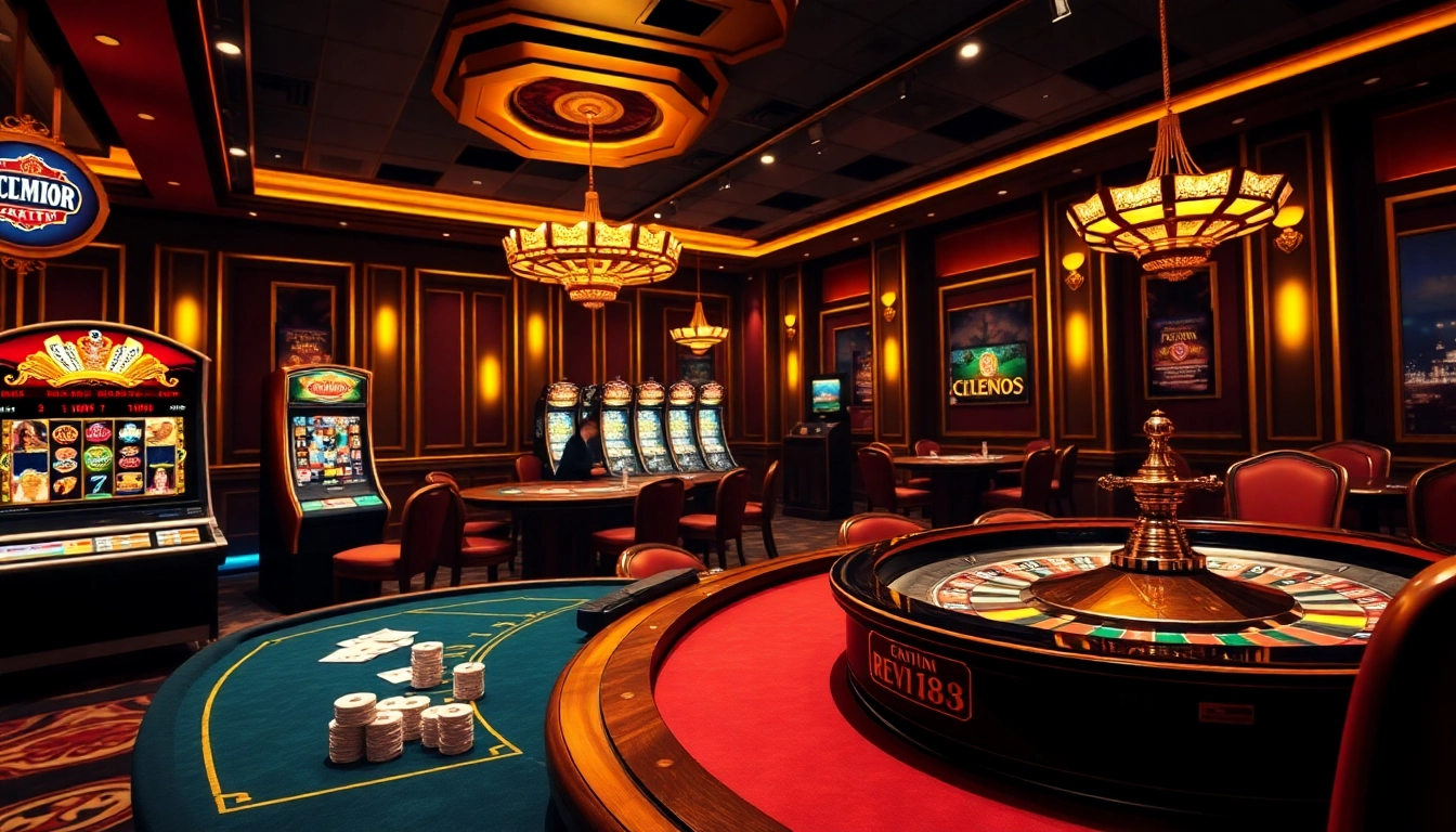Ứng dụng Tik88 thể hiện bầu không khí casino đầy hấp dẫn với bàn poker, máy đánh bạc và bánh xe roulette.