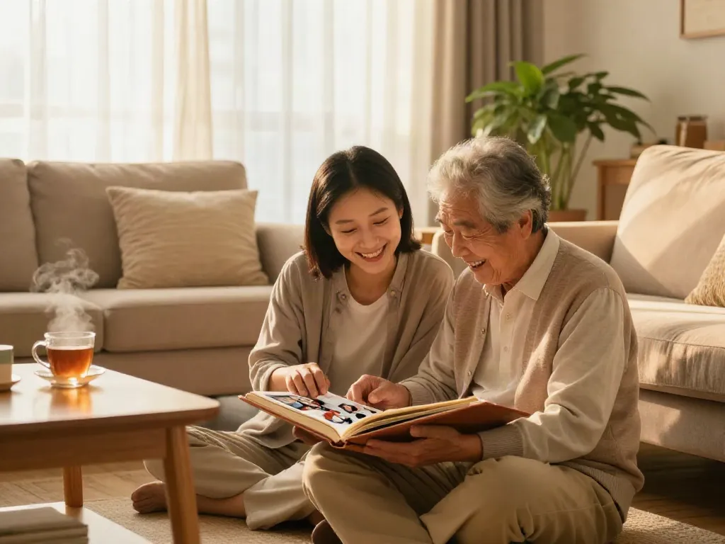 Emotional family moment with rokok88 slot theme, showcasing bond between child and parent in cozy living room.