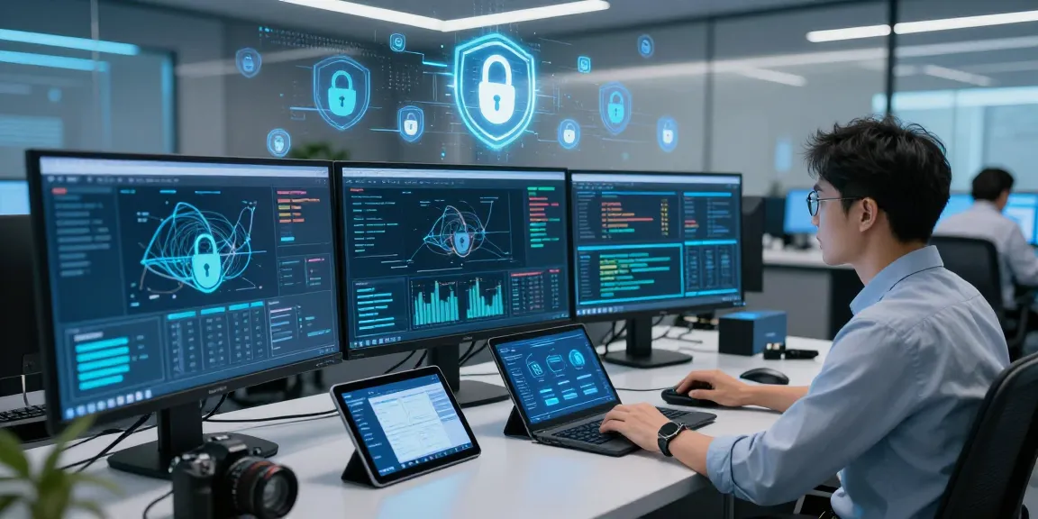 Cybersecurity analyst at shs-dome5.com monitoring digital security protocols in a modern control room.