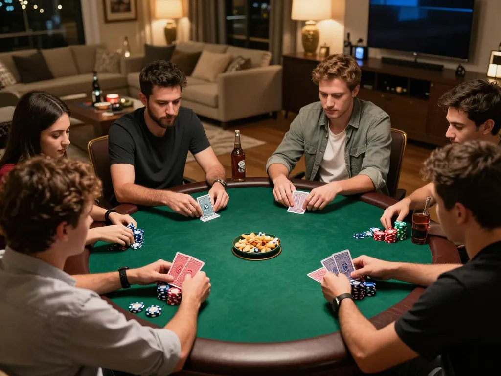 Engaged players enjoying a tg88 vip poker game, showcasing strategic gameplay and social interaction in a luxurious home setting.