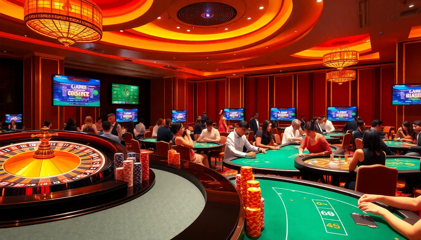 The lively casino scene at https://rr88.navy/ displaying roulette and poker tables, infused with excitement and elegance.
