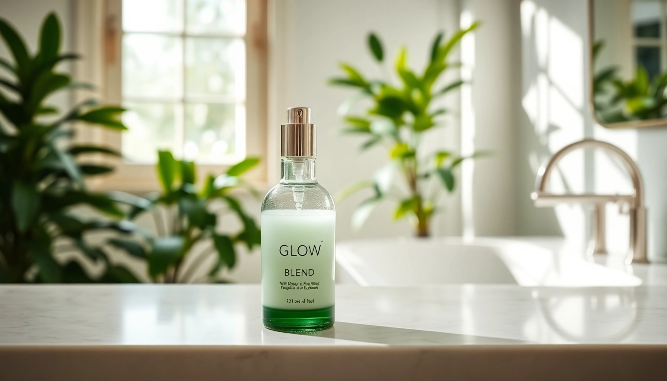 Glow Blend skincare product on marble countertop, exuding luxury and calmness.