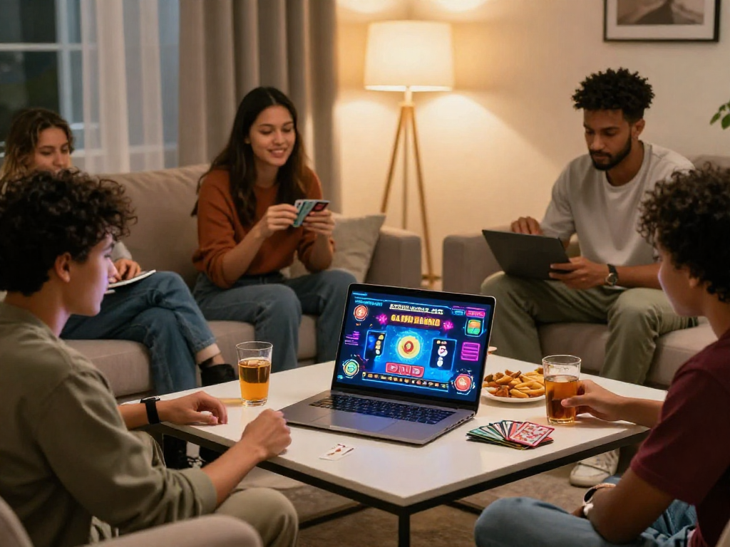 Friends enjoying card games at credit card casinos not on gamstop in a cozy living room.