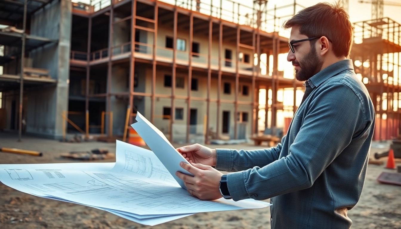 Commercial architect drafting blueprints at a construction site with a partially built structure.