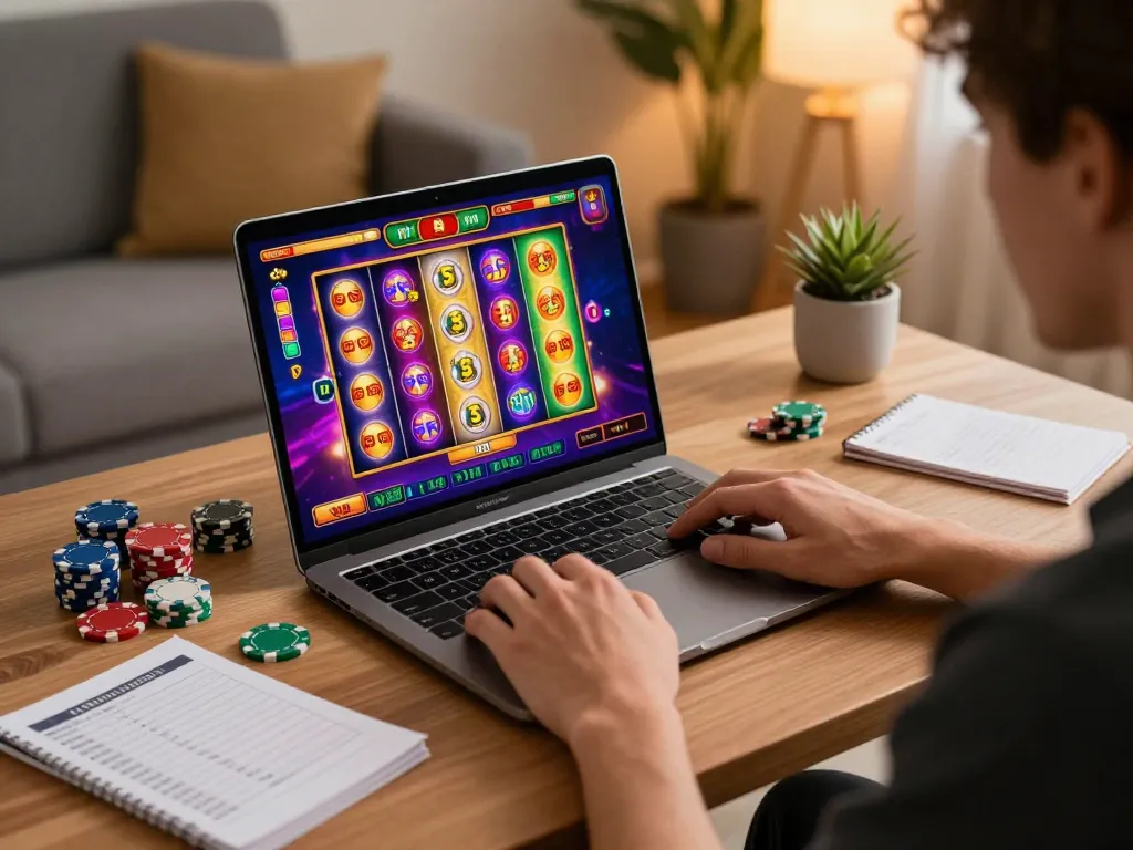 Engaging in an online slot bet with a vibrant gaming interface displayed on laptop