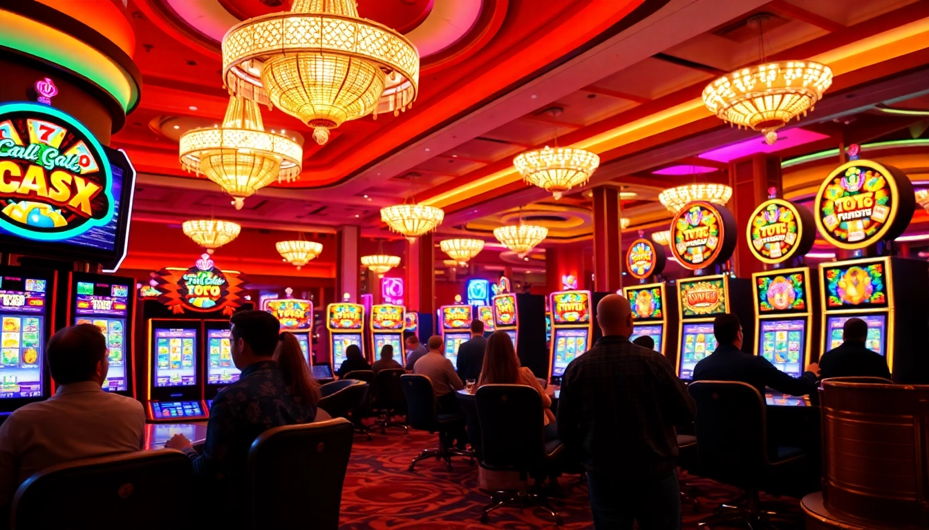Menang di toto slot dengan mesin slot colorful yang menyala, suasana kasino yang hidup.