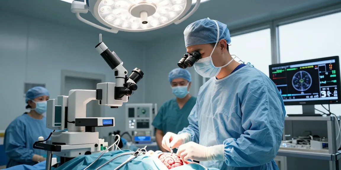 Brain surgery in progress with skilled surgeons focused on the procedure, showcasing advanced medical technology and a sterile environment.