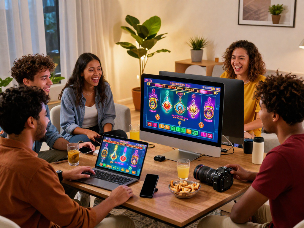 Friends enjoying a live dealer game at an european online casino with snacks and drinks.
