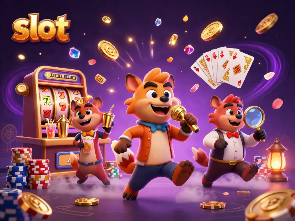 Slot di kasino dengan hyena kartun meriah bercanda dan bersenang-senang, menampilkan suasana kasino yang dinamis.