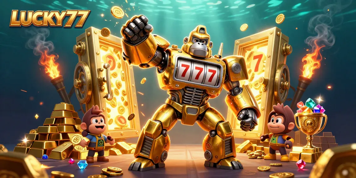 LUCKY77 sparks excitement with a golden gorilla mech bursting with coins and treasures.