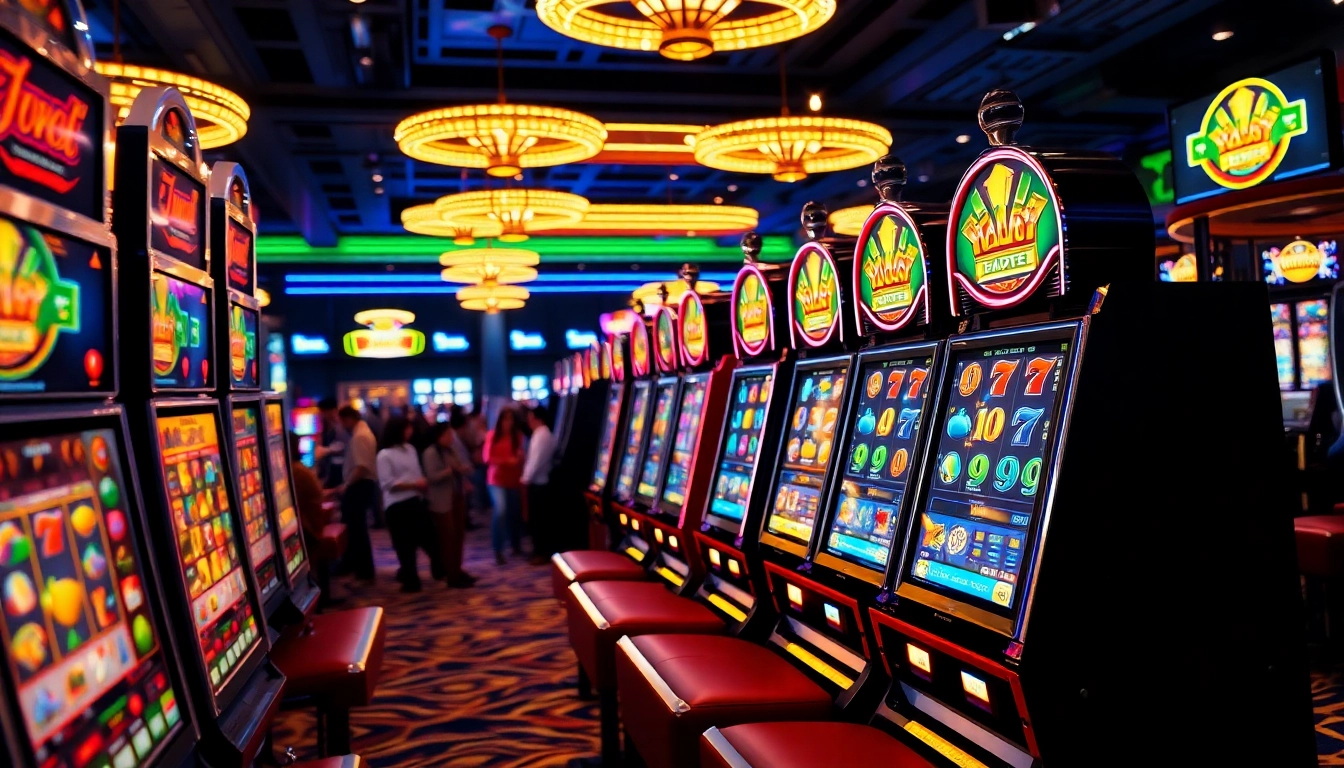 Permainan slot gacor hari ini dengan mesin berwarna-warni di kasino yang ramai.