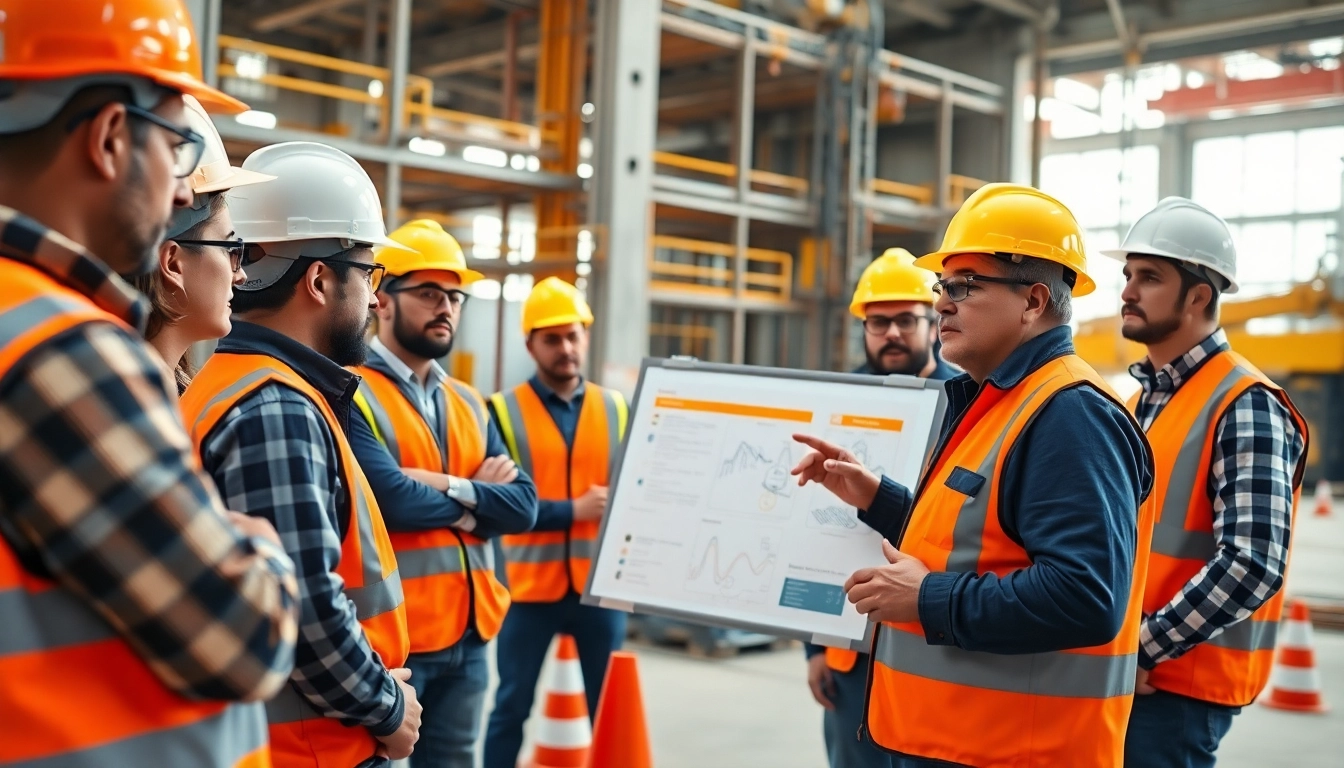 Engaged workers participating in construction site safety training, emphasizing safety protocols and teamwork.
