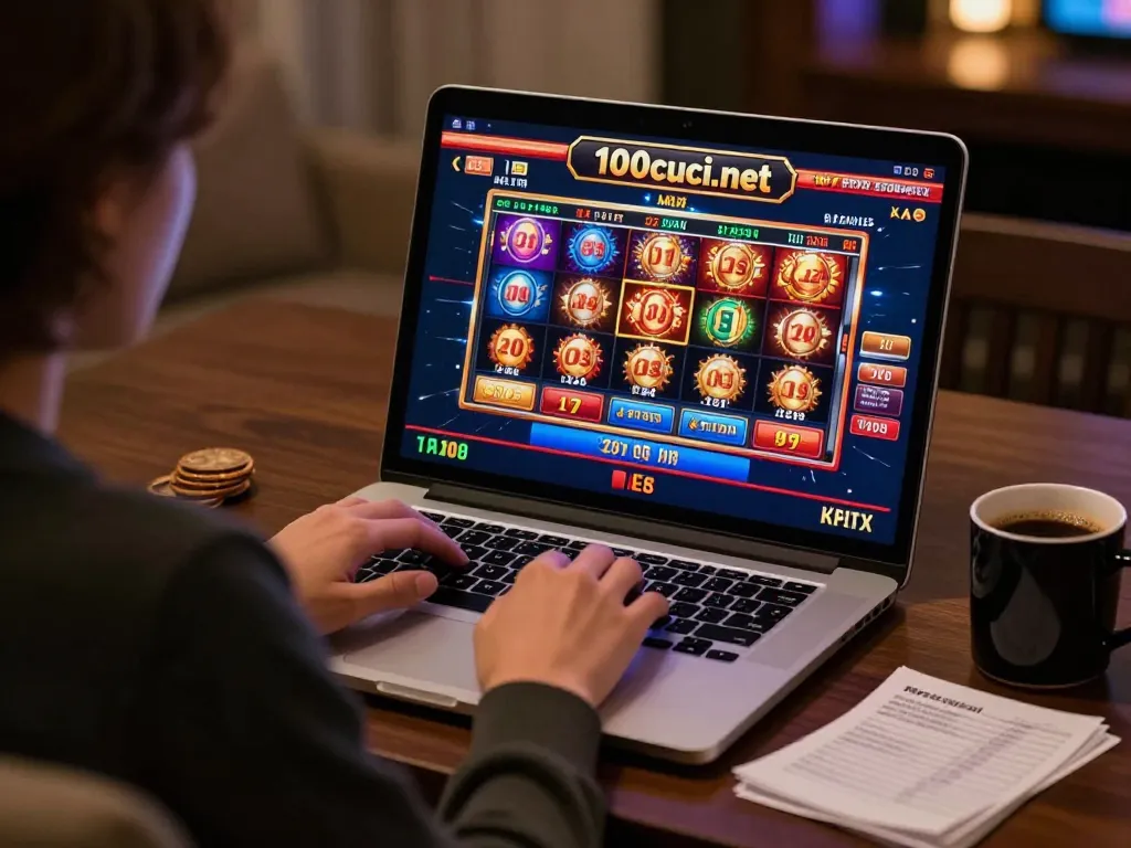 Sesi permainan dalam talian yang menarik di 100cuci.net, mempamerkan permainan slot yang ceria dan suasana rumah yang selesa.