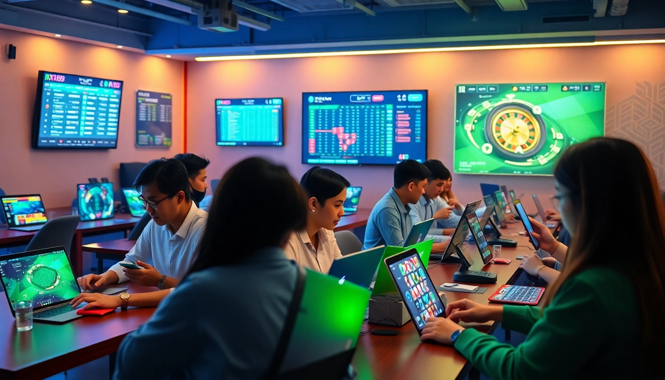 Dynamic scene of engaged players at Nhà cái XX88, showcasing online betting excitement.
