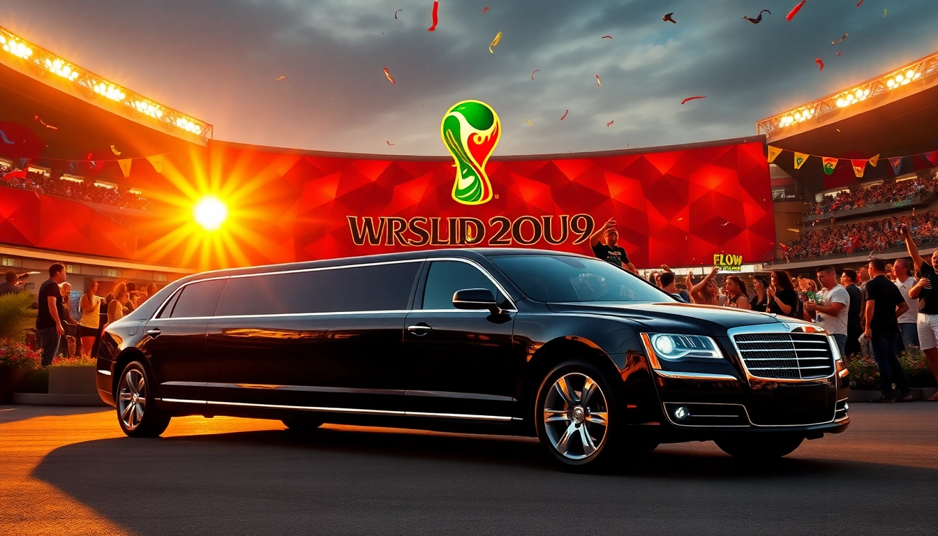 World Cup Group Transportation featuring a luxurious limousine outside a stadium with cheering fans.