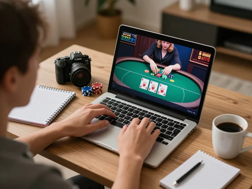 Engaging live poker gameplay on lv88 com with colorful chips and cards in a cozy home office.