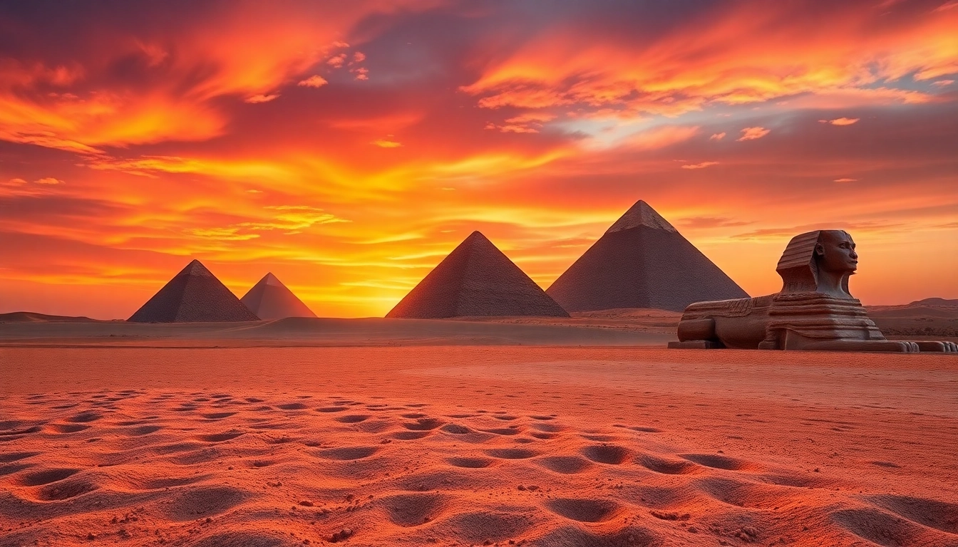 Piraminds prominently displayed against a breathtaking sunset, showcasing their grandeur and mystery.