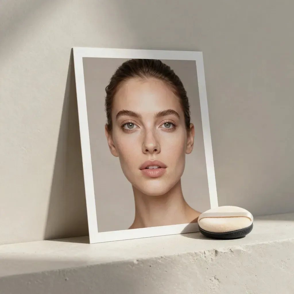Beauty retouching print, folded backdrop card, and powder puff on a plaster ledge