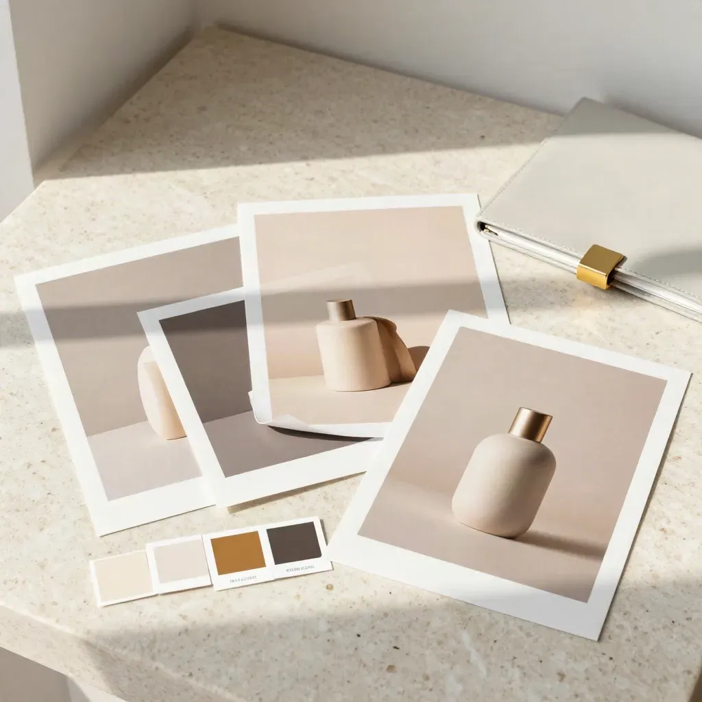 Overhead color-grading proof prints, chips and a pale sleeve on travertine.
