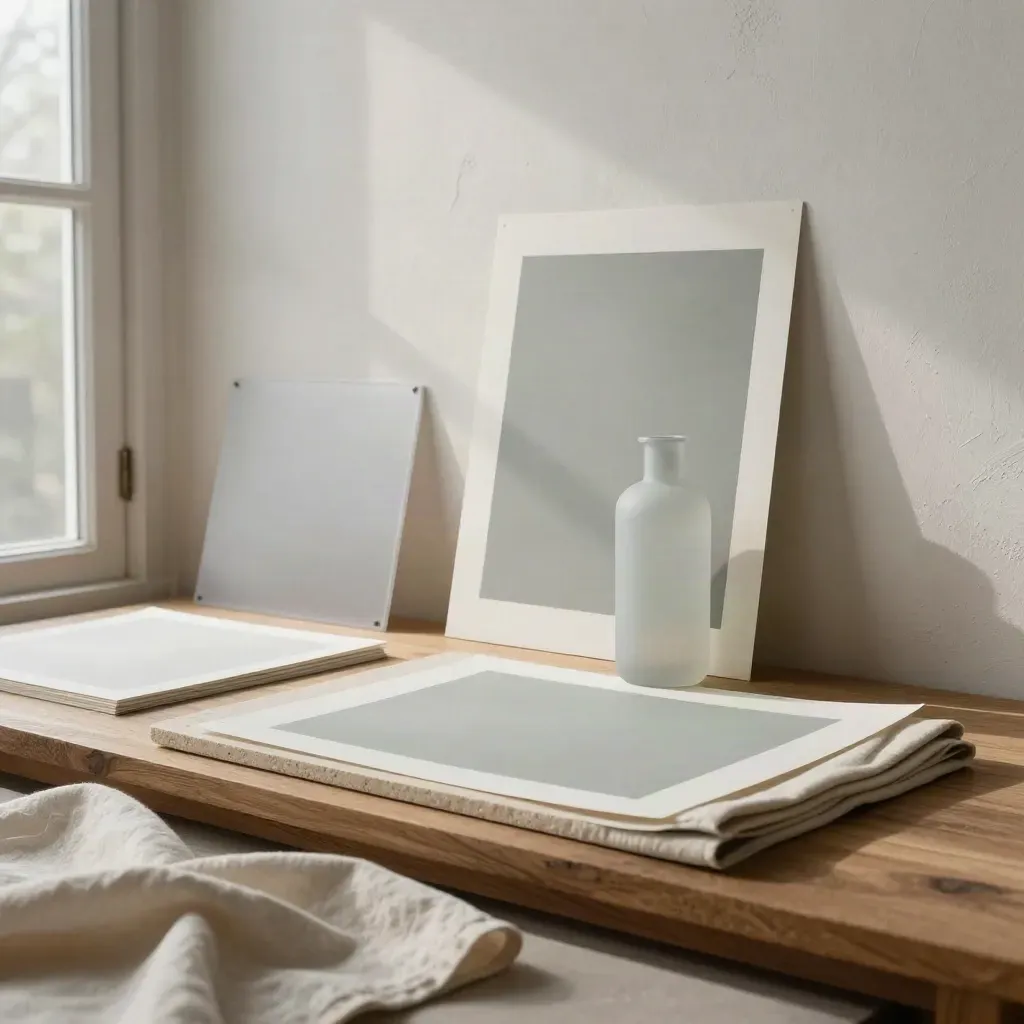 Moody Light Matte studio still life with plaster, print, bottle, muslin, and misty sunlight.