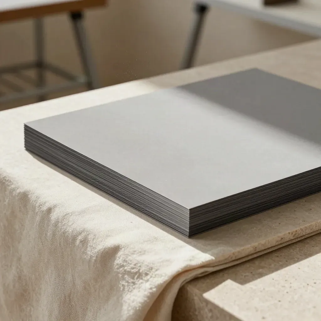 Matte portrait prints, cloth, and stone sample board on a studio ledge
