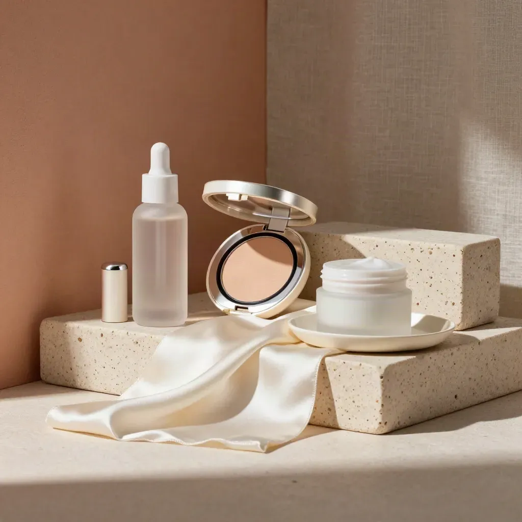 Beauty products on travertine plinths with ivory silk in a hazy studio set.