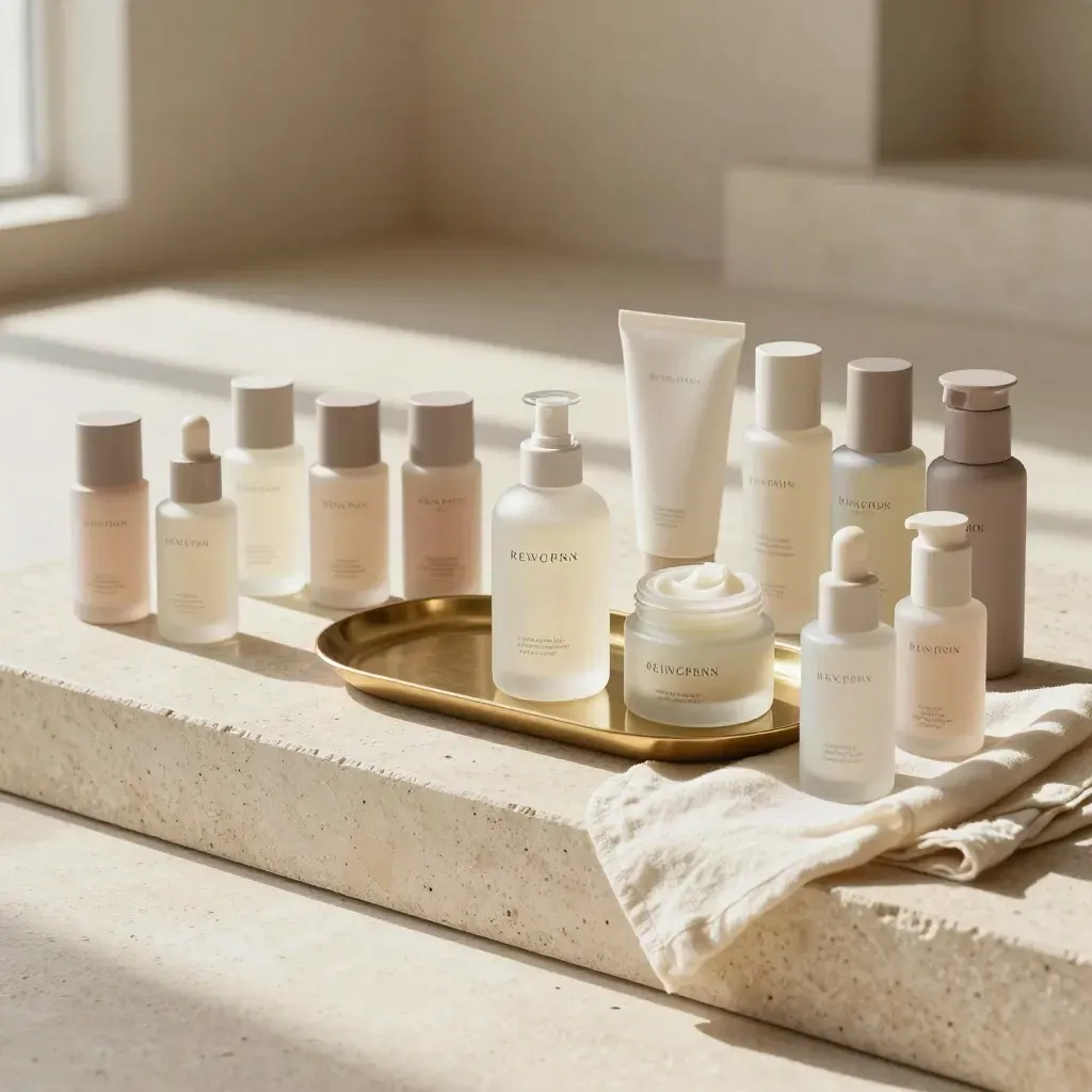 Glow cream bottles and jar on travertine podiums in a sunlit beauty setup