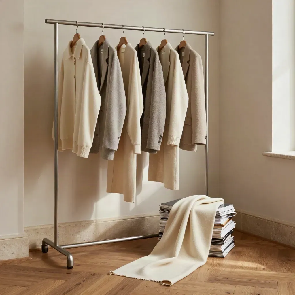 Fashion lookbook spreads, neutral garments, and cream fabric swaths in a cozy studio corner.