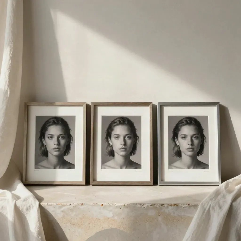Three framed portrait proofs beside a backdrop roll in a moody studio.