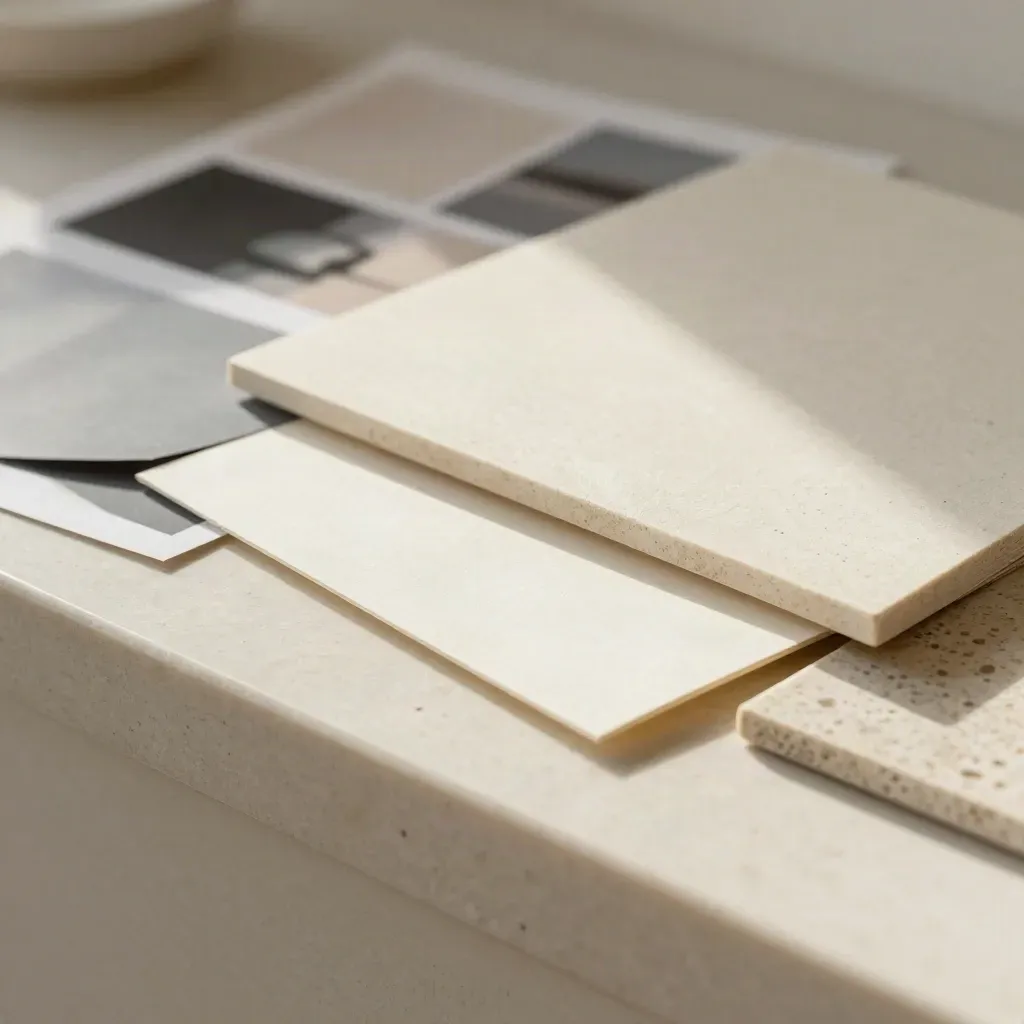 Macro of moodboard tiles, swatches, proof prints, and a travertine sample board on stone.