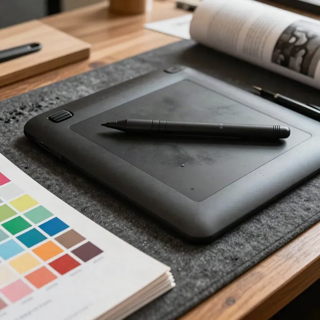 Matte graphics tablet, stylus, calibration patches and a proof print on a walnut bench.