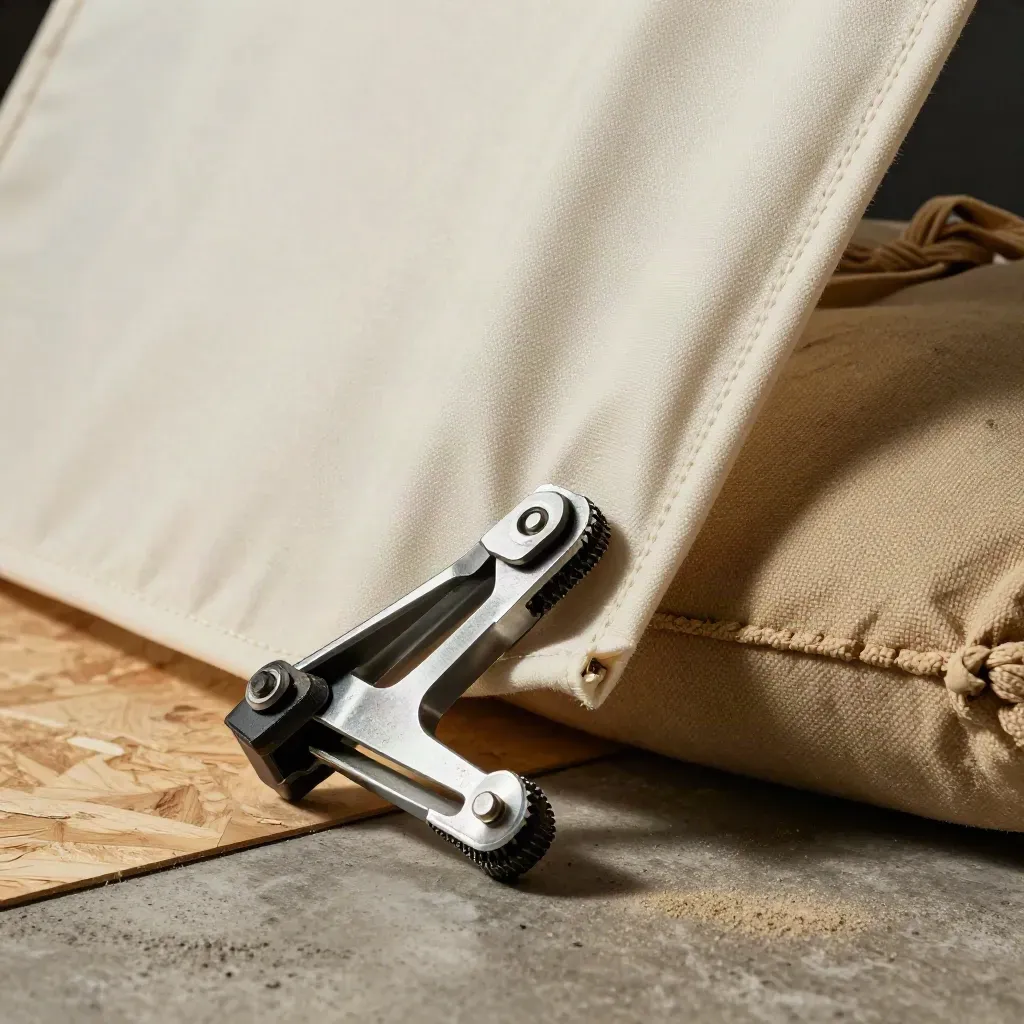 Macro of studio lighting tools on a concrete floor: scrim folds, clamp, grip head, and sandbag in hard light.