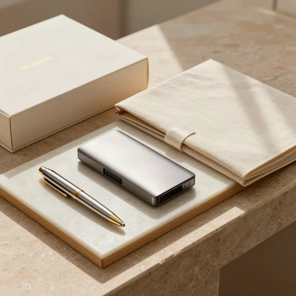 Client presentation tray with sample box, file sleeve, drive and pen cap on stone.