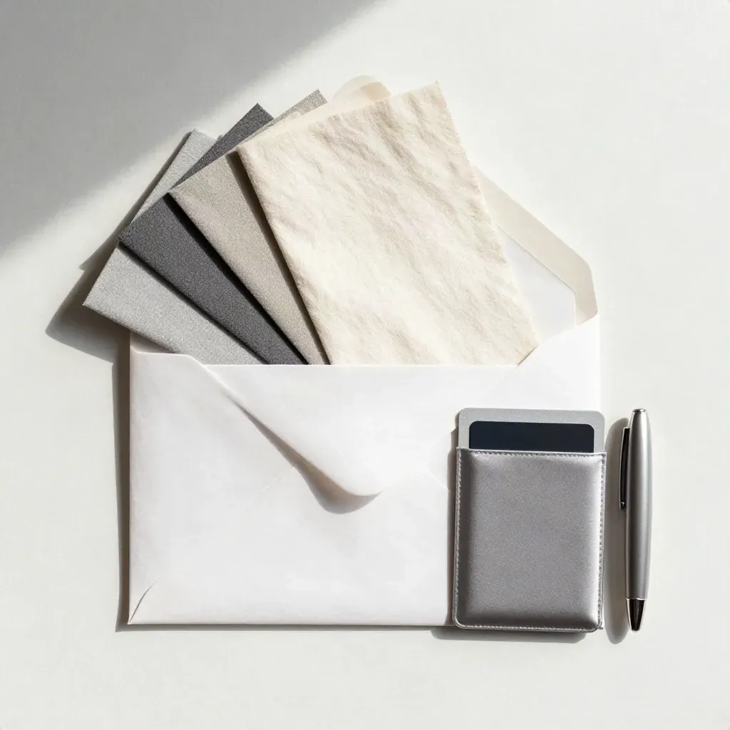 Top-down flatlay of a sealed envelope, fabric swatches, memory card case and pen cap on pale plaster.