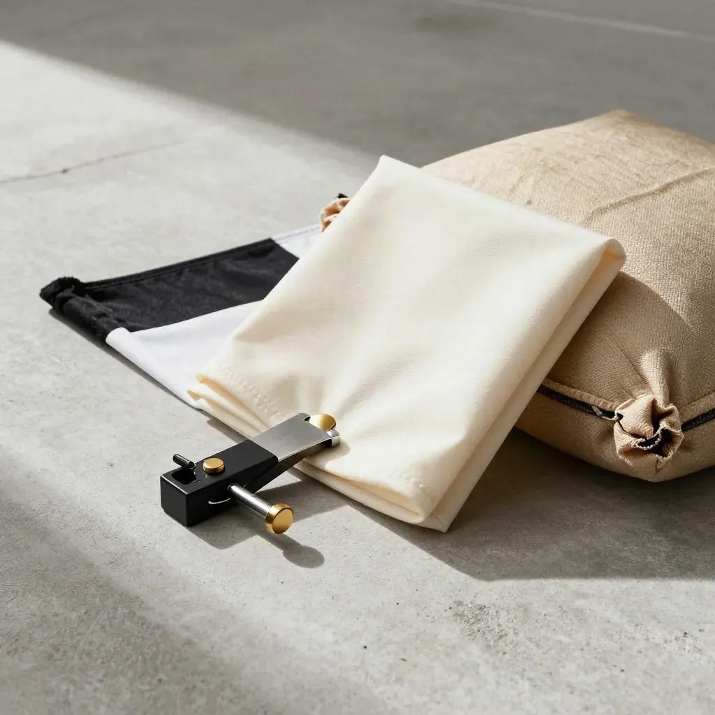 Stand clamp, diffusion cloth, black flag and sandbag on a pale floor tile