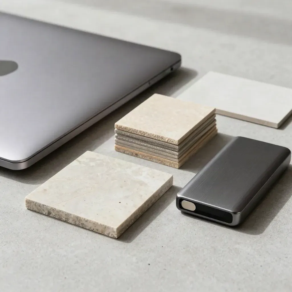 Closed laptop, color chips, sample tile, and external drive on a concrete desk