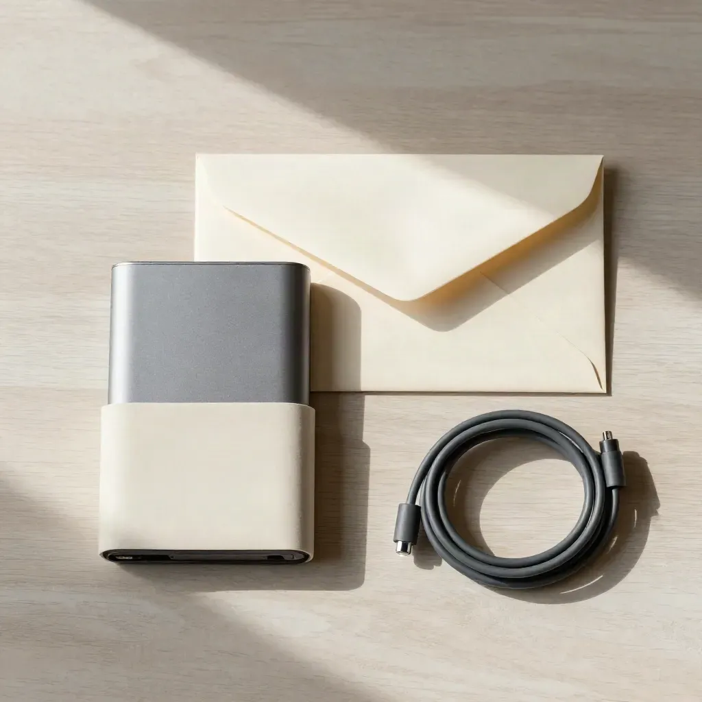 External SSD, file envelope, ribbon-tied sample box, and cable loop on pale wood.