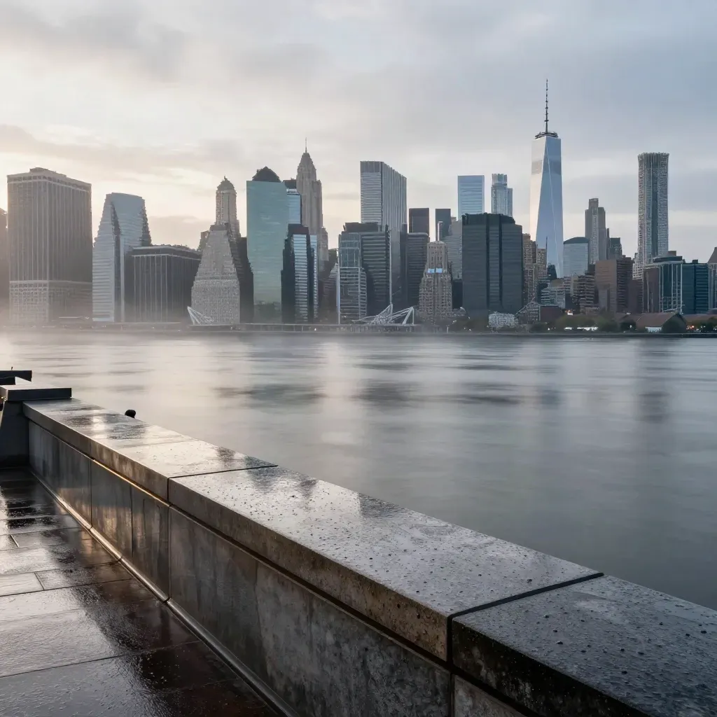 Manhattan skyline over a wet Brooklyn rooftop and misty East River at blue hour