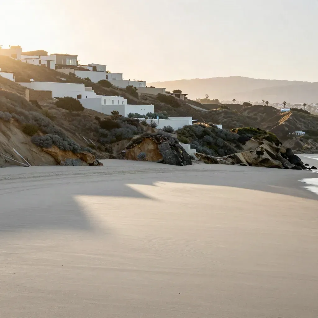 Santa Monica hillside at sunset with stucco terraces, ridgelines, and marine haze