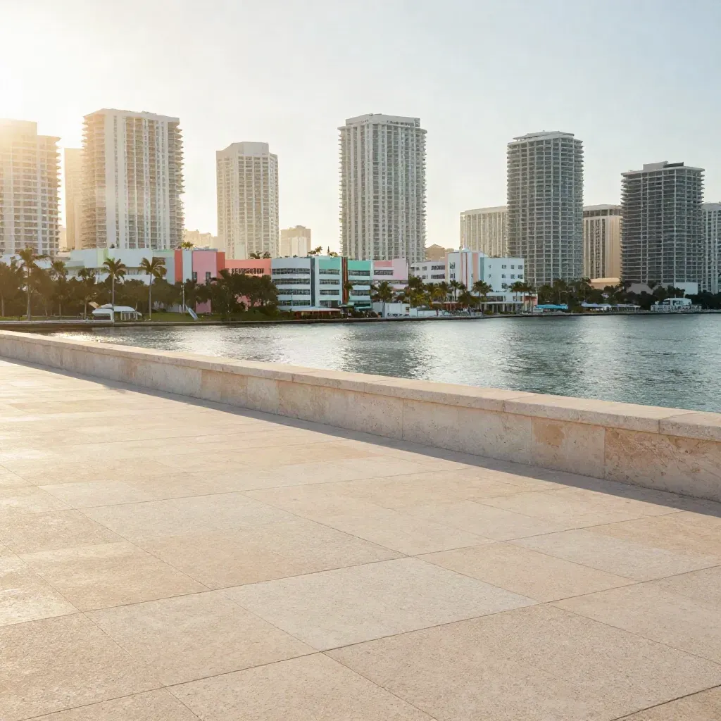 Miami skyline at humid sunrise above a pale terrace, with haze and calm copy space.