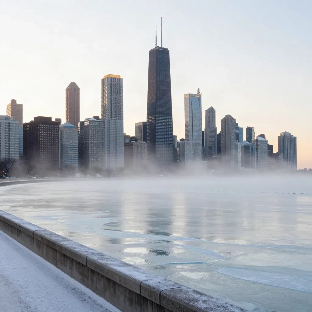 Foggy Chicago lakefront skyline at dawn above icy water from an elevated bridge
