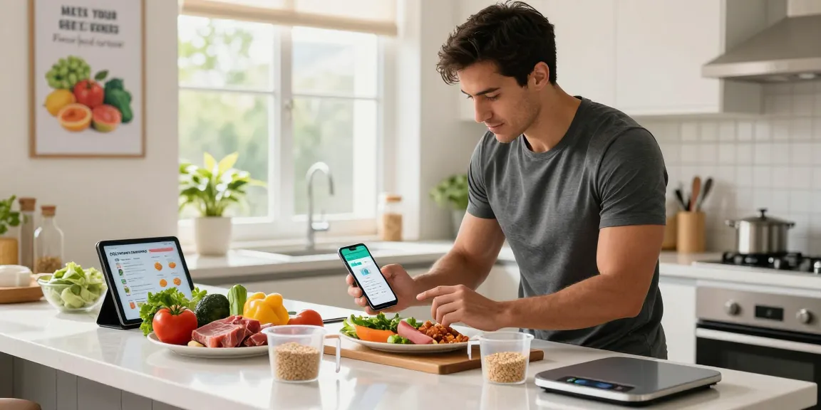 A person using the best AI calorie tracker app in a modern kitchen, logging a healthy meal with fresh ingredients visible.