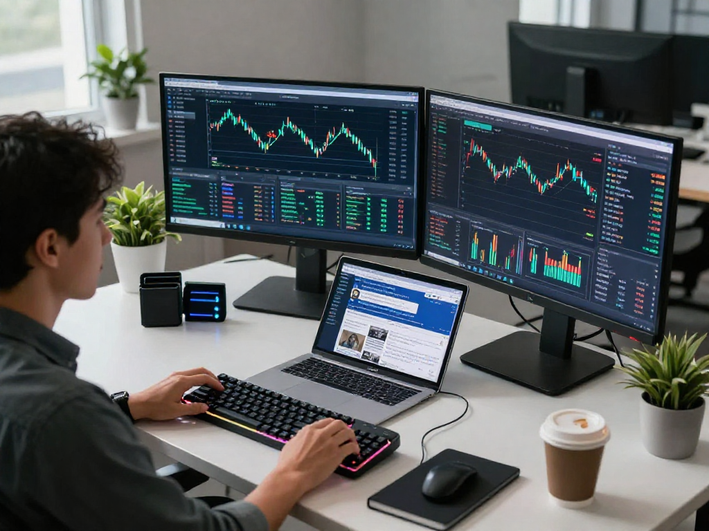 metatrader 5 官网 交易者在现代办公室中分析加密货币市场行情，展示多监视器的高效交易环境