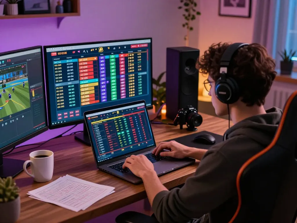 Engaging in sports betting on legal foreign sites, a user analyzes odds on a sleek laptop in a modern home setup.