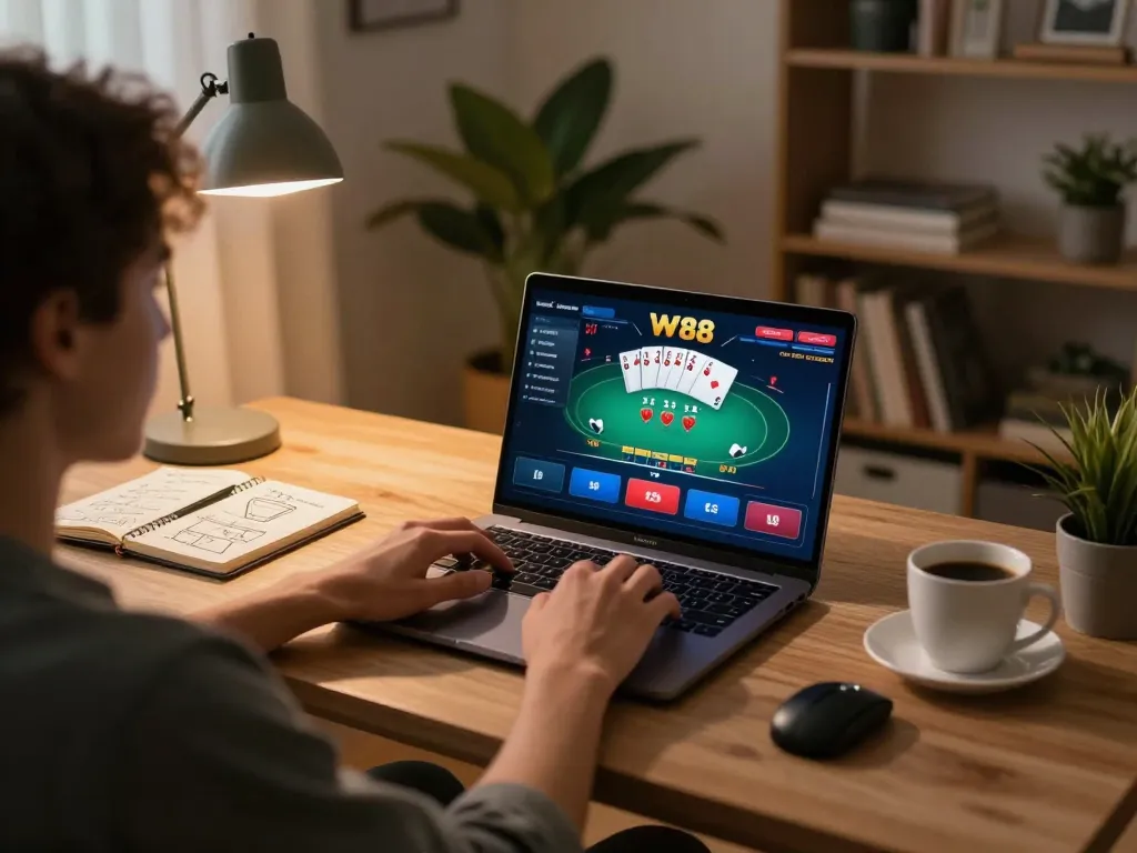 Playing W 88 poker online in a cozy home office with gaming setup and strategy notes visible