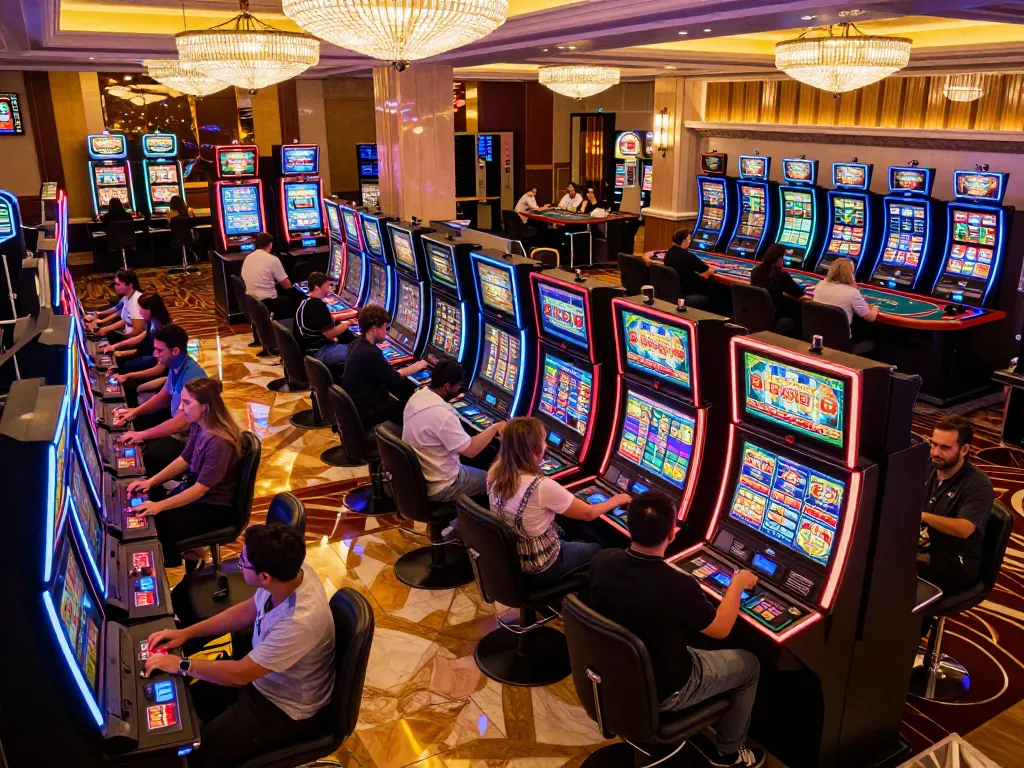 Pemain merasakan kegembiraan paris888 di lingkungan kasino yang ramai dengan mesin slot yang berwarna-warni.