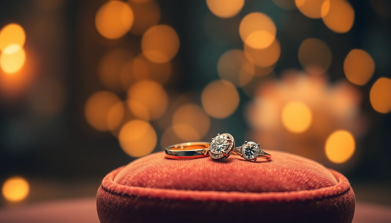 Showcasing Couple rings with intricate designs on a plush velvet cushion.