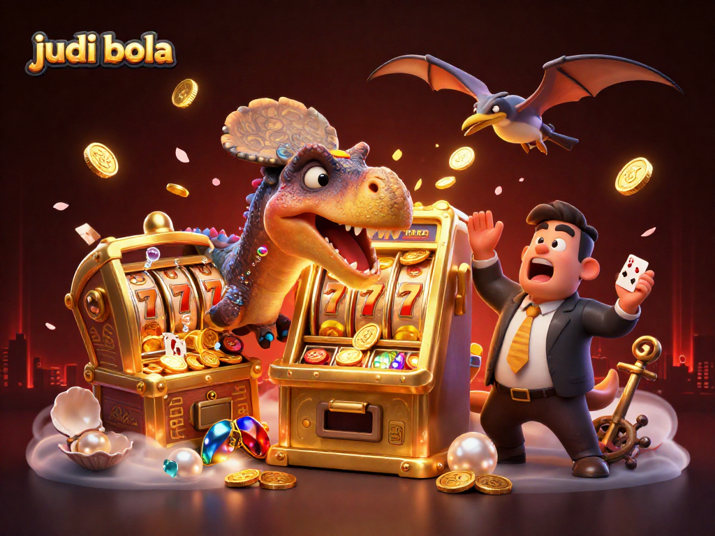 Experience judi bola excitement with a dinosaur-themed jackpot explosion in a lively casino scene.