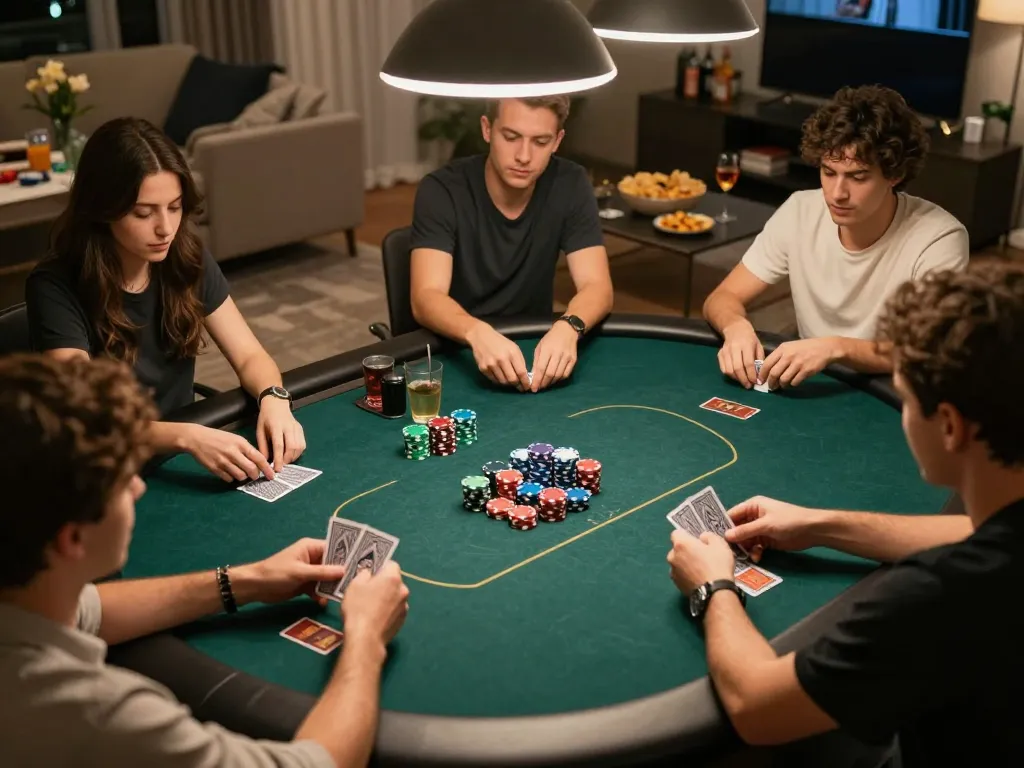 8kbet players strategizing in a friendly poker game at home, showcasing cards and chips.